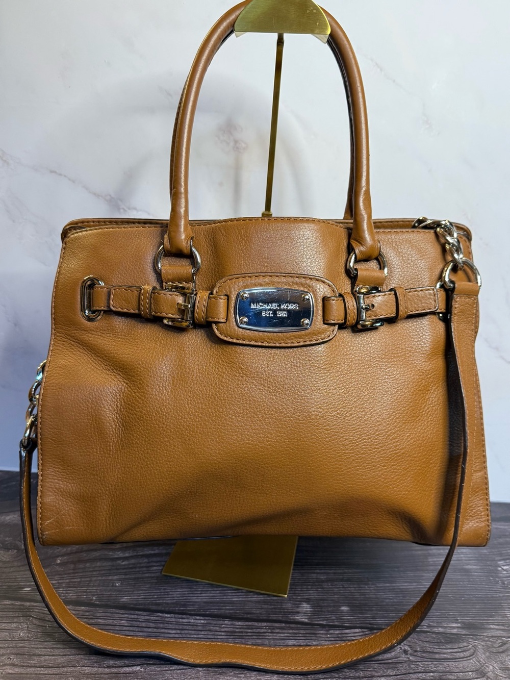 Michael Kors Cognac Pebbled Leather Satchel Shoulder Bag Silver Hardware